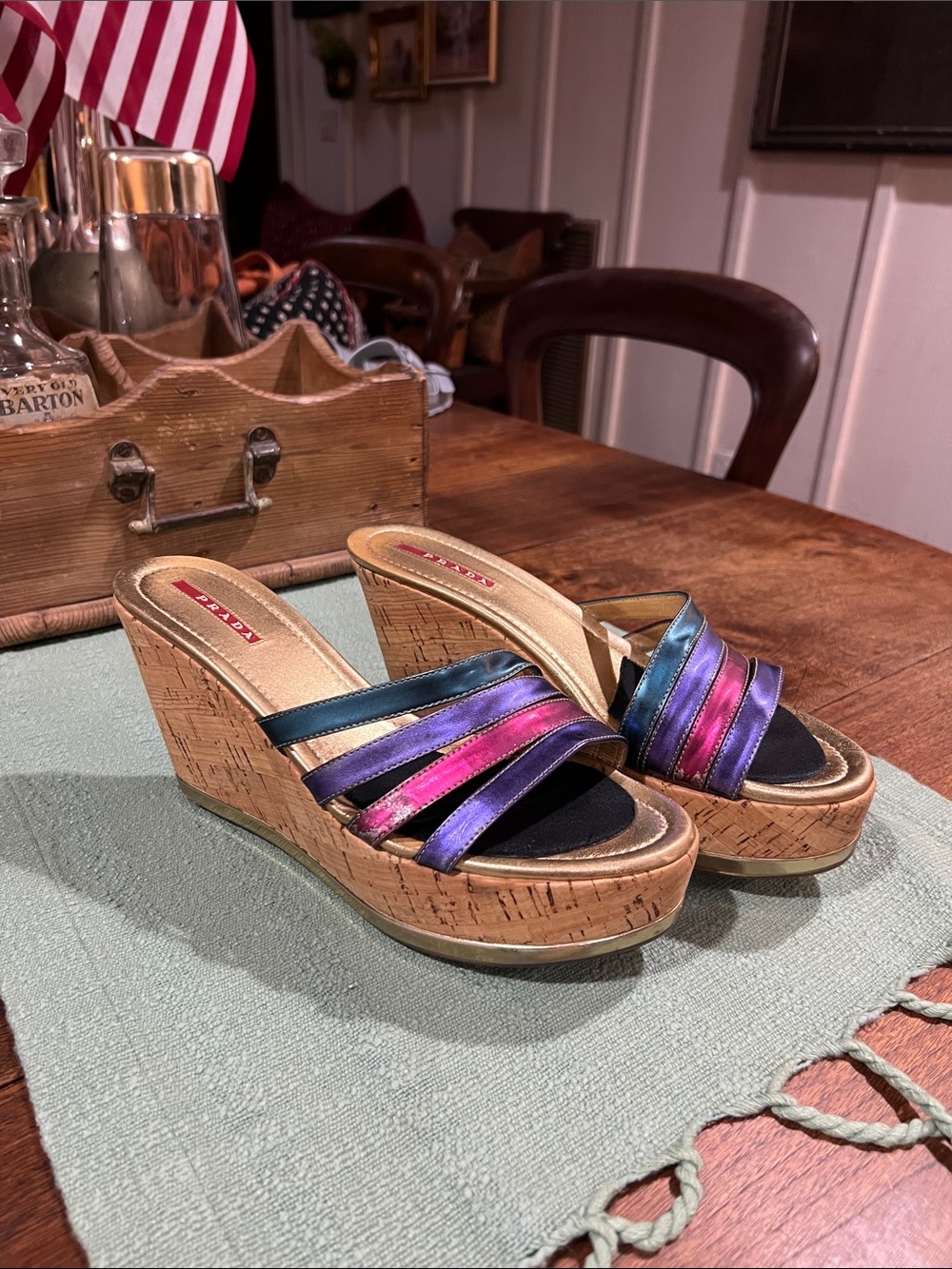 Prada Multi Metallic Rainbow Cork Wedges
